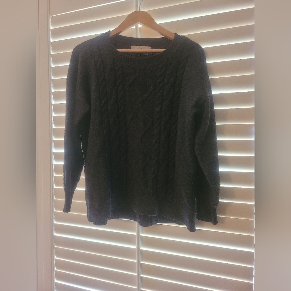 LOFT Charcoal Gray Cable Knit Sweater- Petite LARGE